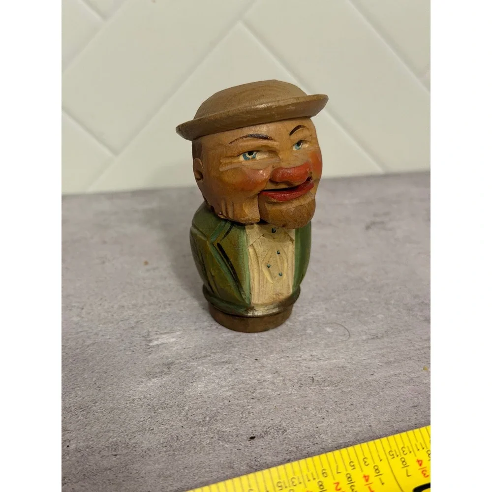 Vintage Hand Carved Wood Mechanical Bottle Stopper Moving Mouth Man Italy Style